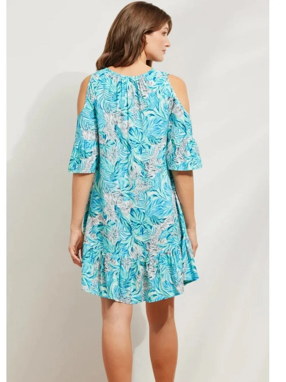 🔥Caribbean Joe Tropical Blue Leaf Cold-Shoulder Sundress Size Medium 100% Rayon - Picture 2 of 8